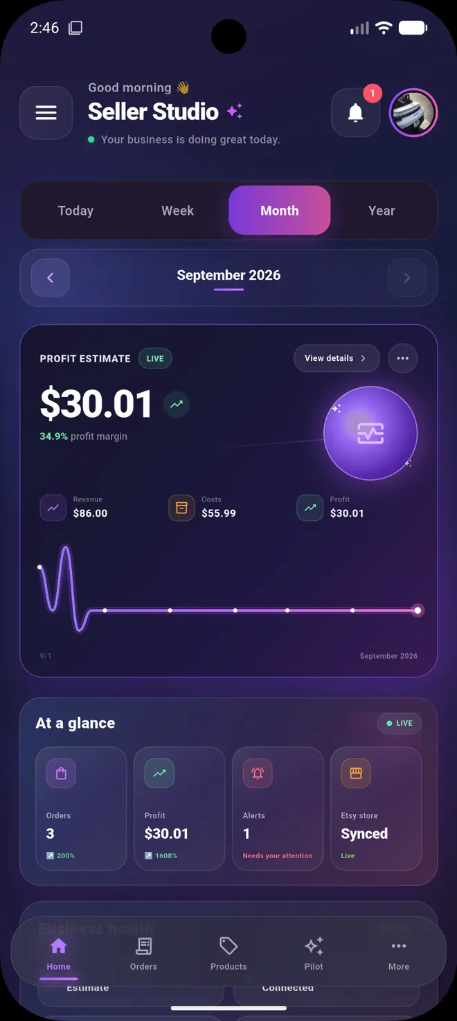 Live Seller Studio mobile dashboard showing profit, revenue, costs, orders and Etsy sync